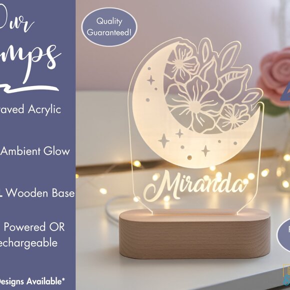 Moon & Flower Custom Name Light • Personalized LED Cloud Decor • Girl Gift - Picture 3 of 8